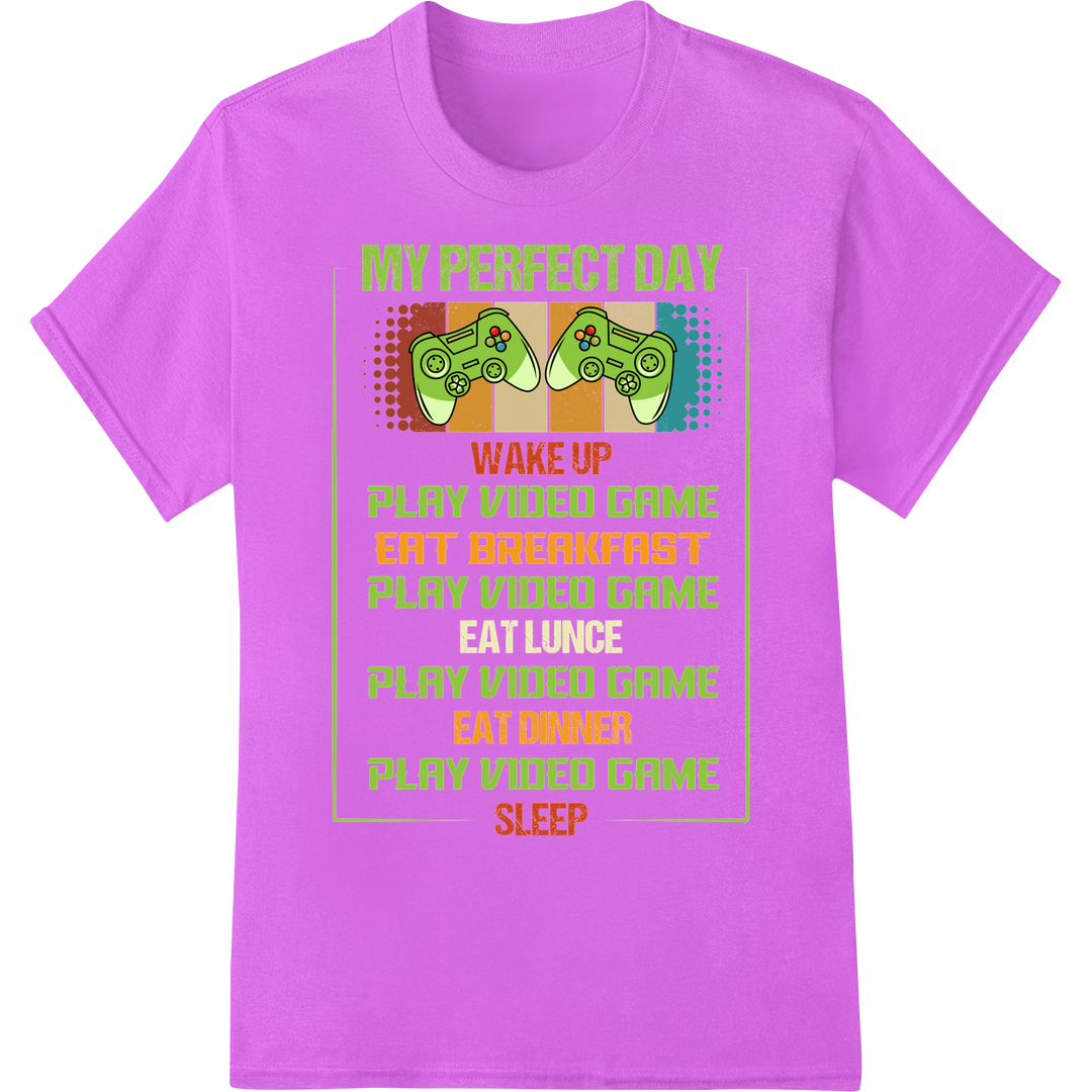 Retro Gamer Tee: The Perfect Day of Gaming & Relaxation on purple shirt - SUPERDTF-DTF Prints-DTF Transfers-Custom DTF Prints