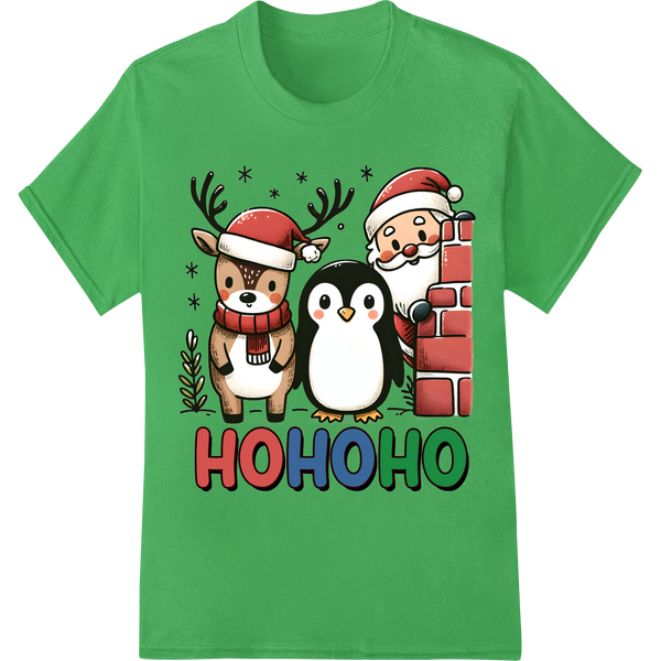 Adorable Christmas Trio: Reindeer, Penguin & Santa on green shirt - SUPERDTF-DTF Prints-DTF Transfers-Custom DTF Prints