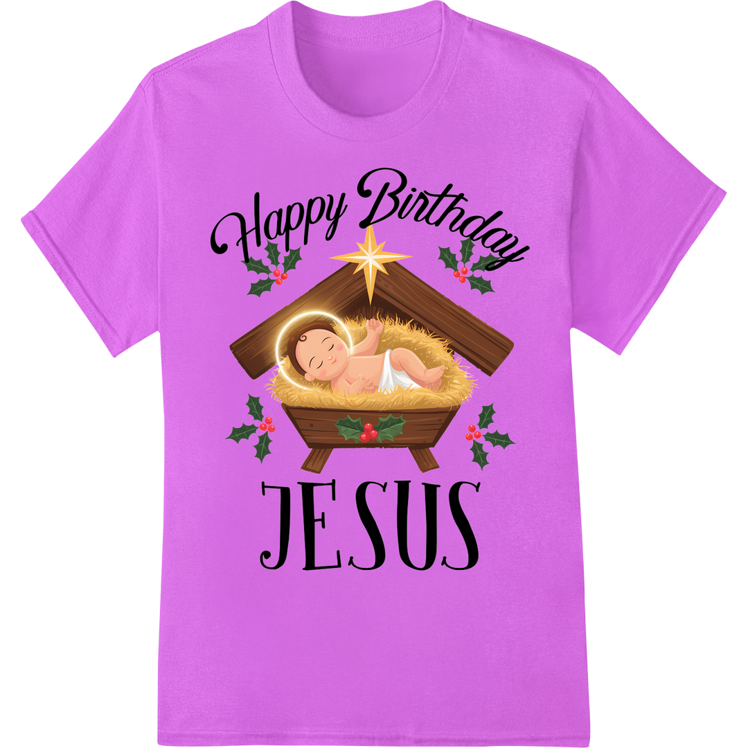 Heartwarming 'Happy Birthday Jesus' Christian Christmas DTF Print on purple shirt - SUPERDTF-DTF Prints-DTF Transfers-Custom DTF Prints