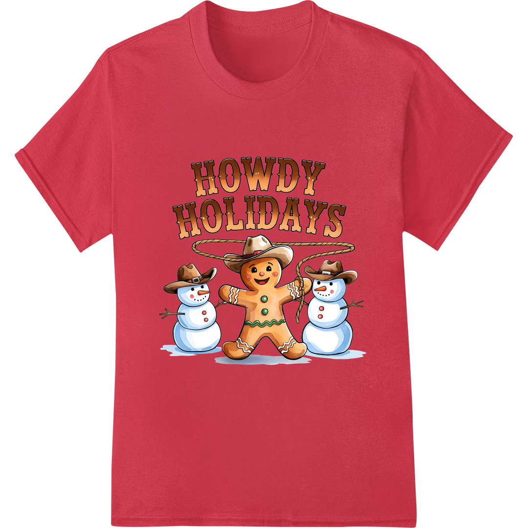 Festive Howdy Holidays DTF Print: Western Christmas Charm on red shirt - SUPERDTF-DTF Prints-DTF Transfers-Custom DTF Prints