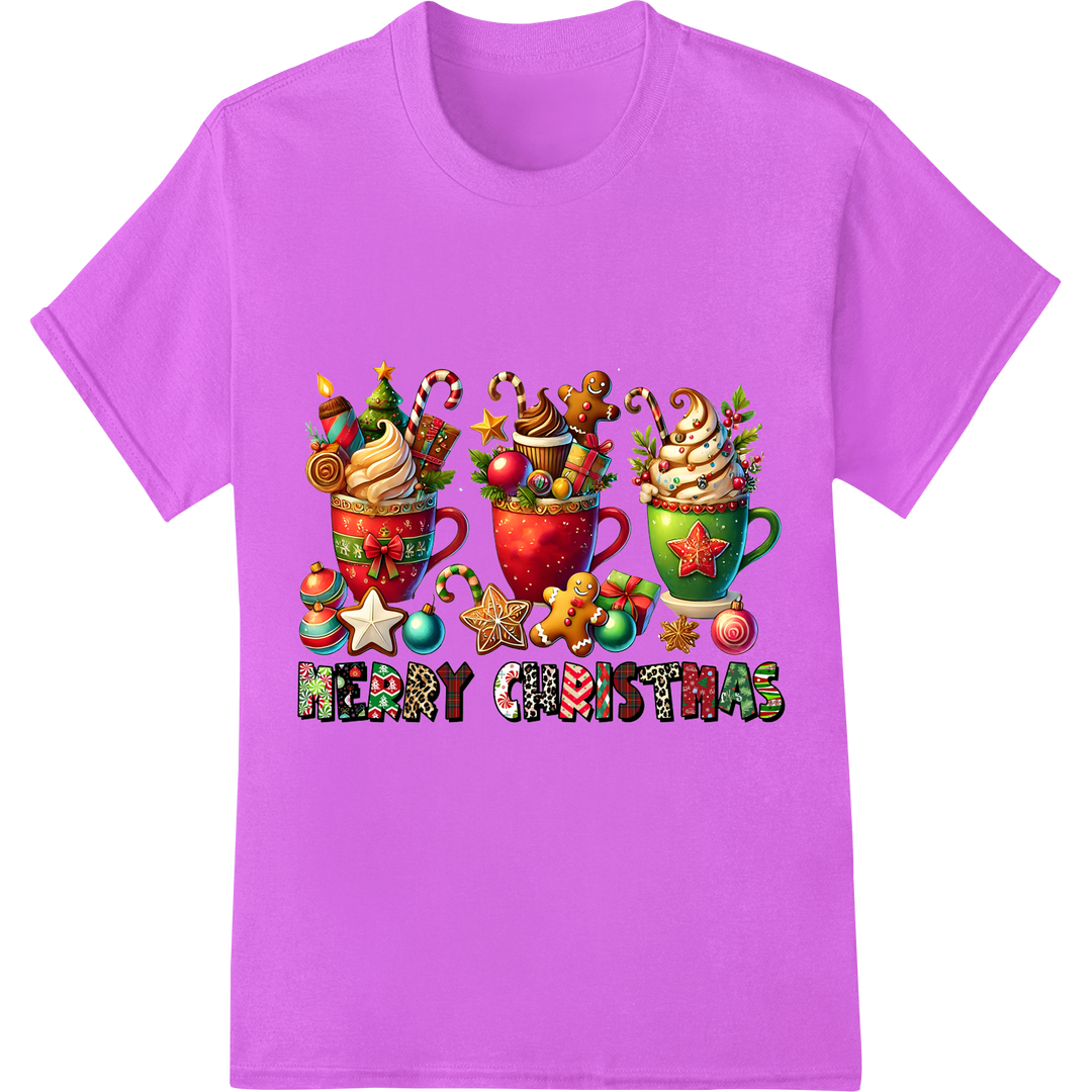 Festive Christmas Cups DTF Print Heat Transfer Design on purple shirt - SUPERDTF-DTF Prints-DTF Transfers-Custom DTF Prints