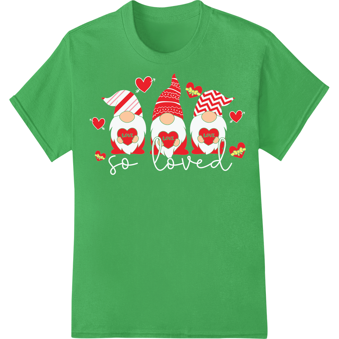 Adorable Gnome Valentine's Day Love Pattern DTF Transfer on green shirt - SUPERDTF-DTF Prints-DTF Transfers-Custom DTF Prints