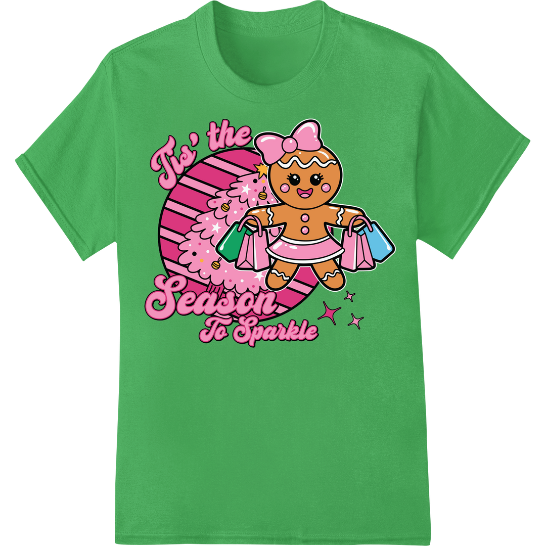 Pretty in Pink Gingerbread Girl | Festive DTF Transfer on green shirt - SUPERDTF-DTF Prints-DTF Transfers-Custom DTF Prints