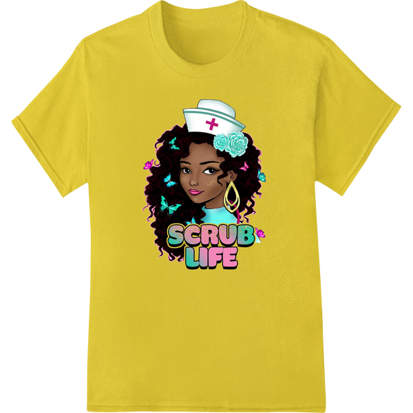 Embrace the Scrub Life: Vibrant Nurse Cartoon Heat Transfer on yellow shirt - SUPERDTF-DTF Prints-DTF Transfers-Custom DTF Prints