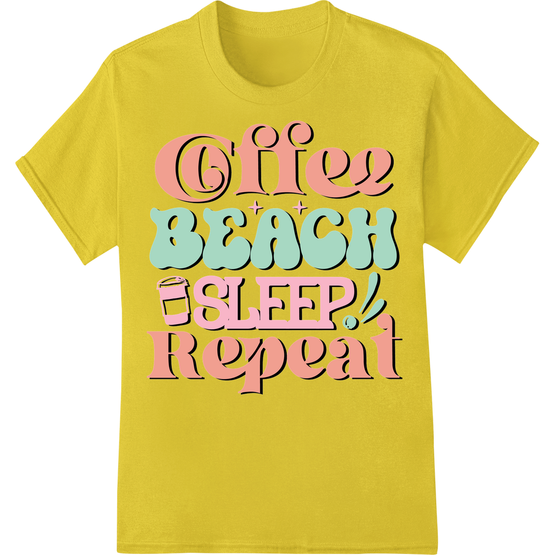 Retro Coffee Beach Vibes: Typography DTF Print Transfer on yellow shirt - SUPERDTF-DTF Prints-DTF Transfers-Custom DTF Prints