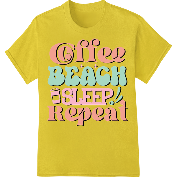 Retro Coffee Beach Vibes: Typography DTF Print Transfer on yellow shirt - SUPERDTF-DTF Prints-DTF Transfers-Custom DTF Prints