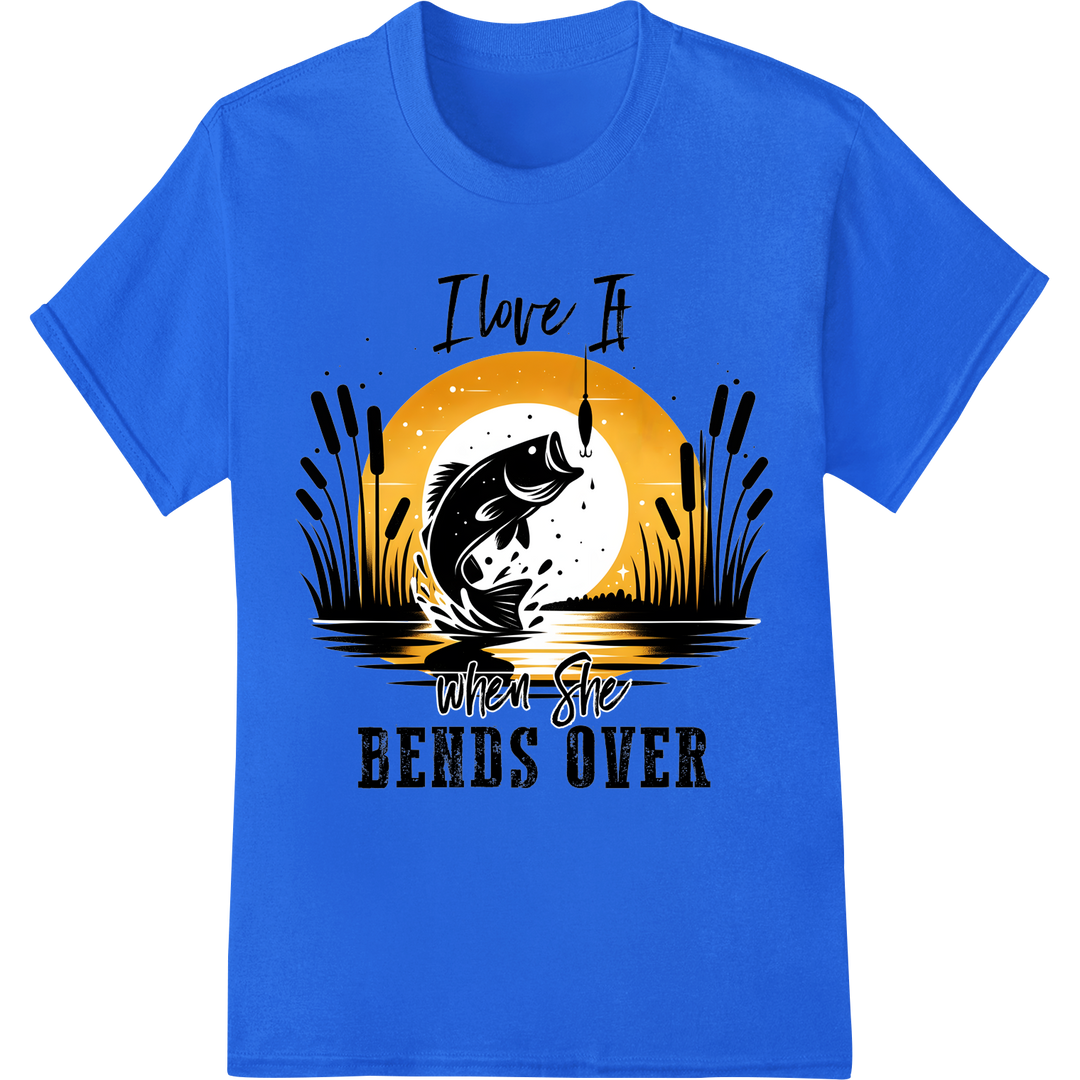 Funny Fishing Sunset Bass | Angler Humor Heat Transfer Print on blue shirt - SUPERDTF-DTF Prints-DTF Transfers-Custom DTF Prints