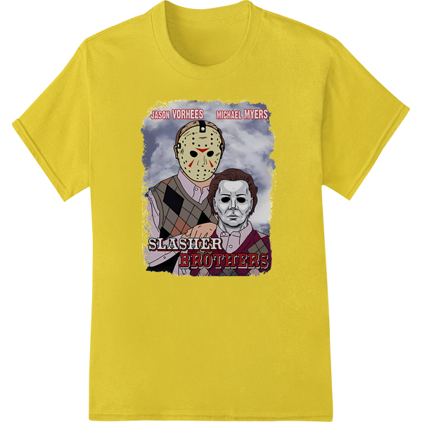 Slasher Brothers Jason Voorhees and Michael Myers character DTF print design for custom t-shirt heat transfers