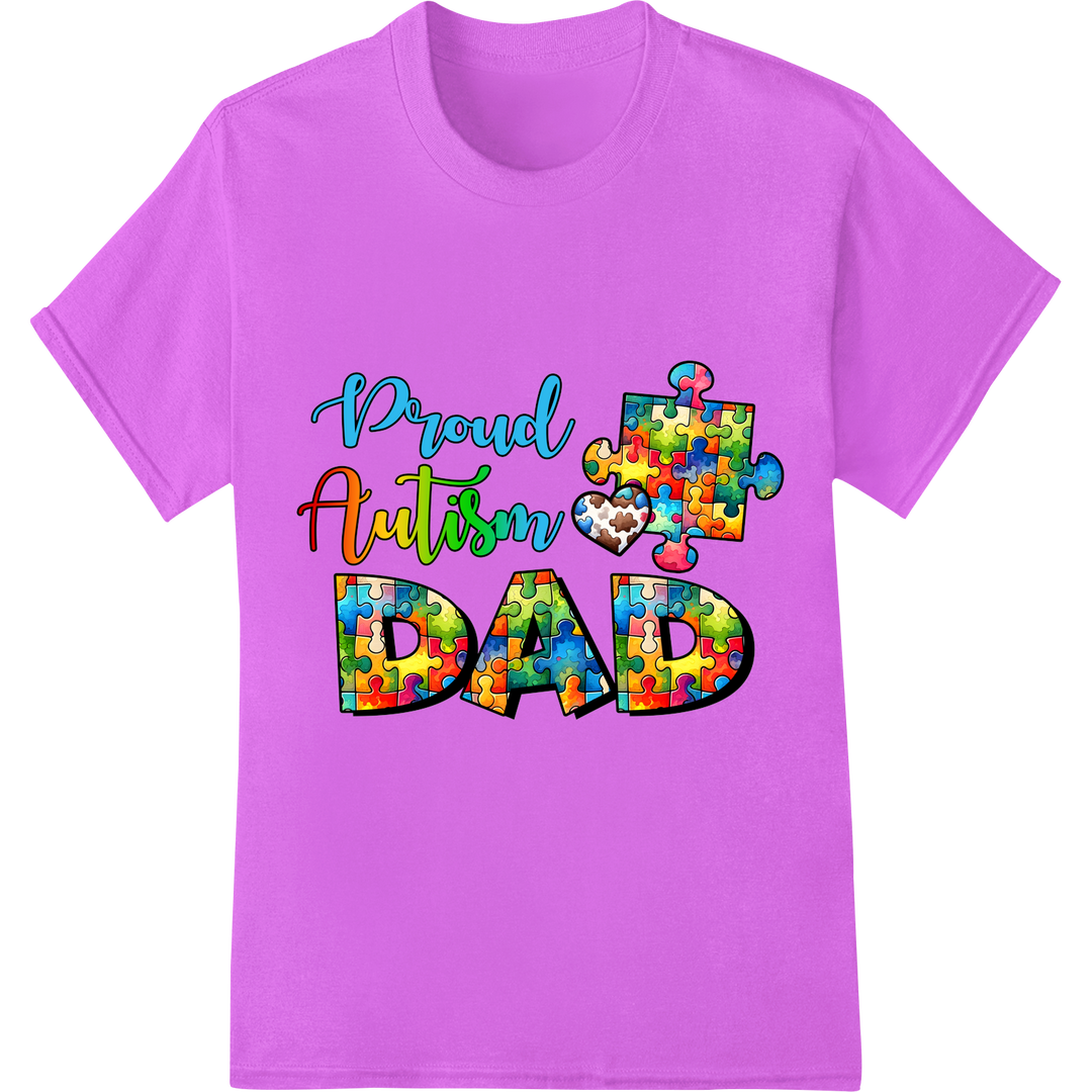 Proud Autism Dad: Colorful Puzzle Piece DTF Print Transfer on purple shirt - SUPERDTF-DTF Prints-DTF Transfers-Custom DTF Prints