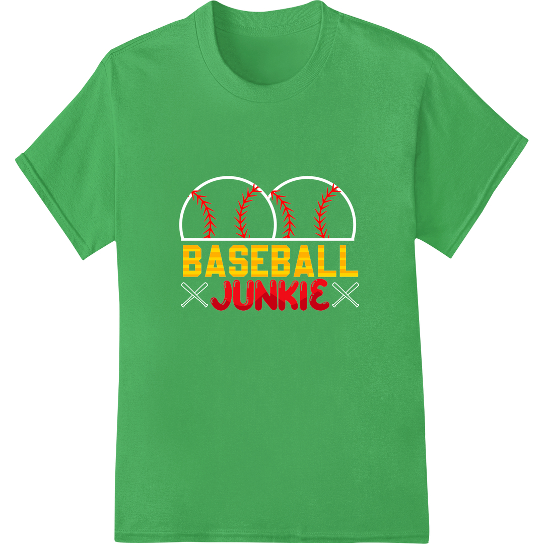 Baseball Junkie: Bold DTF Print for Passionate Fans & Players on green shirt - SUPERDTF-DTF Prints-DTF Transfers-Custom DTF Prints