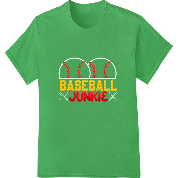 Baseball Junkie: Bold DTF Print for Passionate Fans & Players on green shirt - SUPERDTF-DTF Prints-DTF Transfers-Custom DTF Prints