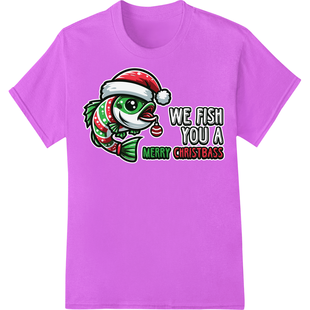 Reel in Holiday Laughs with this Punny Fish Christmas DTF Print on purple shirt - SUPERDTF-DTF Prints-DTF Transfers-Custom DTF Prints