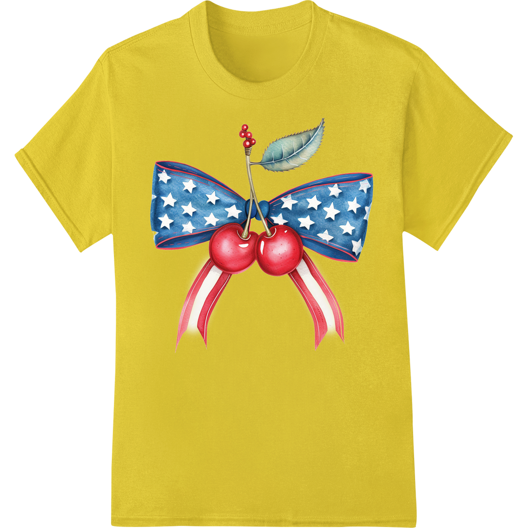 Patriotic 4th of July Cherry Bow DTF Heat Transfer Print on yellow shirt - SUPERDTF-DTF Prints-DTF Transfers-Custom DTF Prints