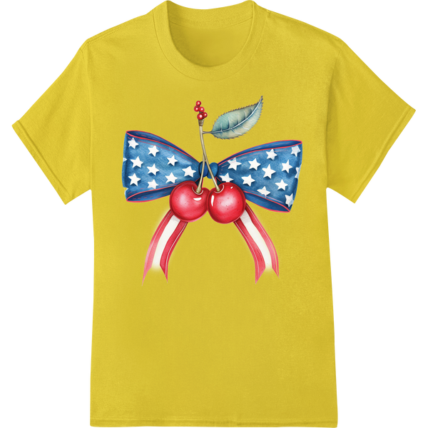 Patriotic 4th of July Cherry Bow DTF Heat Transfer Print on yellow shirt - SUPERDTF-DTF Prints-DTF Transfers-Custom DTF Prints