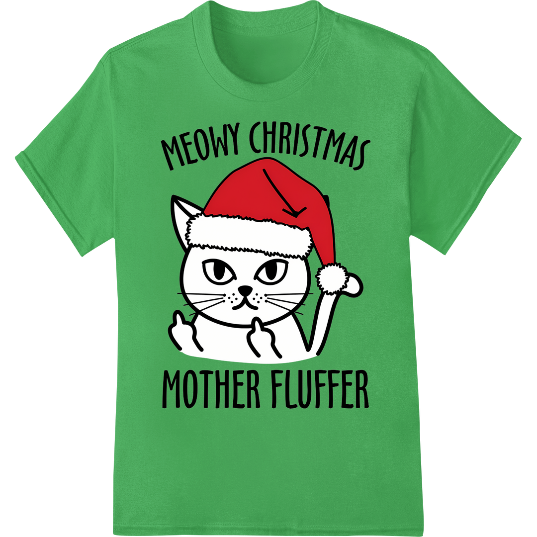 Meowy Christmas Cat DTF Print | Funny Feline Holiday Transfer on green shirt - SUPERDTF-DTF Prints-DTF Transfers-Custom DTF Prints