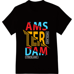 Vibrant Amsterdam Typography: Colorful Abstract City Print featuring professional DTF printing technology