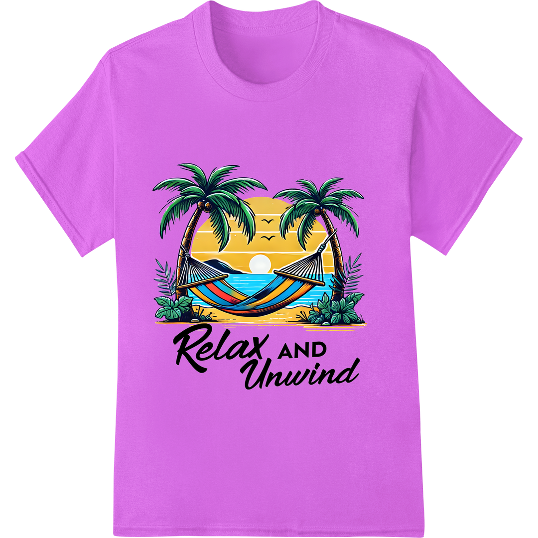 Relax & Unwind: Vibrant Summer Beach DTF Print Transfer on purple shirt - SUPERDTF-DTF Prints-DTF Transfers-Custom DTF Prints