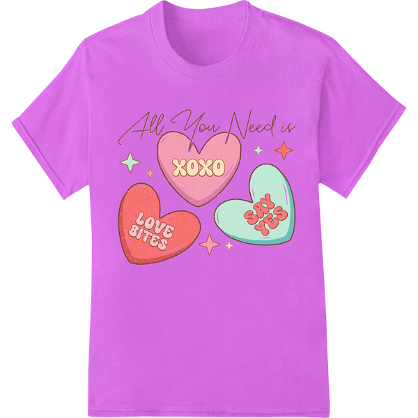 Retro 'All You Need is XOXO Love Bites' Valentine's Day DTF Print on purple shirt - SUPERDTF-DTF Prints-DTF Transfers-Custom DTF Prints