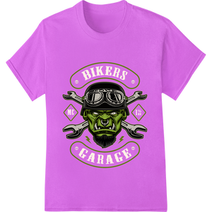 Custom bulk t-shirt printing design - Fierce Green Monster Biker Skull Heat Transfer Print