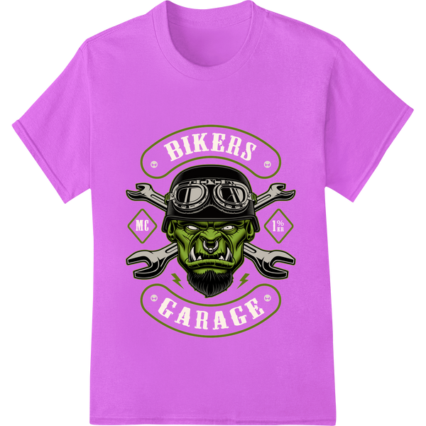 Custom bulk t-shirt printing design - Fierce Green Monster Biker Skull Heat Transfer Print