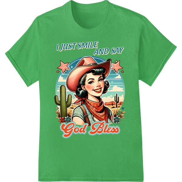 Vintage Cowgirl Smile 'God Bless' DTF Print Heat Transfer on green shirt - SUPERDTF-DTF Prints-DTF Transfers-Custom DTF Prints