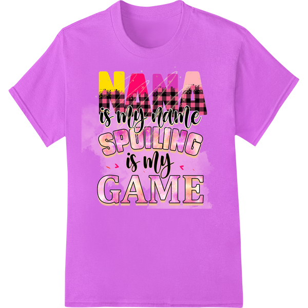 Cute pink t-shirt with 'Nana Is My Name Spoiling Is My Game' print, ideal gift for grandmothers who love to spoil their...