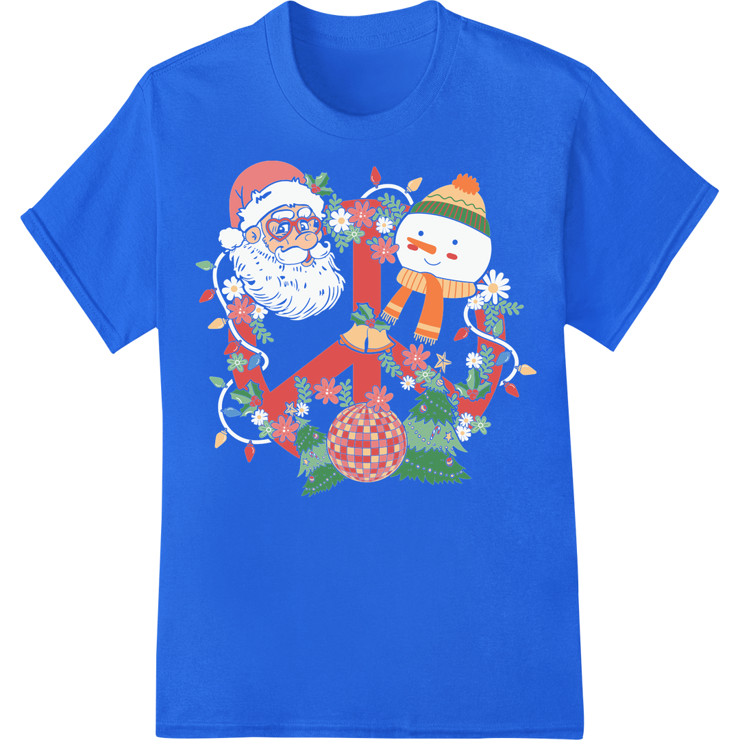 Festive Christmas Wreath DTF Print with Peace Symbol on blue shirt - SUPERDTF-DTF Prints-DTF Transfers-Custom DTF Prints