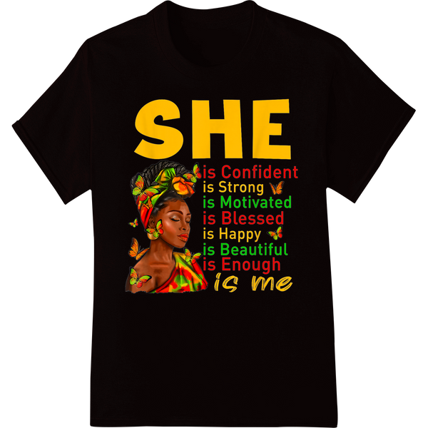 SHE is Enough - Empowering DTF Heat Transfer Design on black shirt - SUPERDTF-DTF Prints-DTF Transfers-Custom DTF Prints