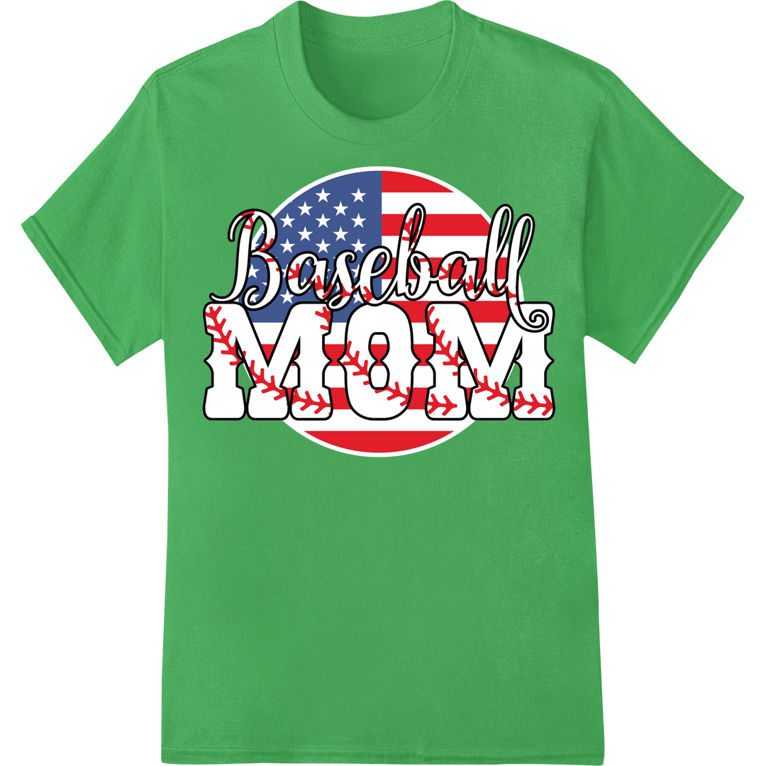 Patriotic Baseball MOM DTF Print Heat Transfer | Super DTF on green shirt - SUPERDTF-DTF Prints-DTF Transfers-Custom DTF Prints