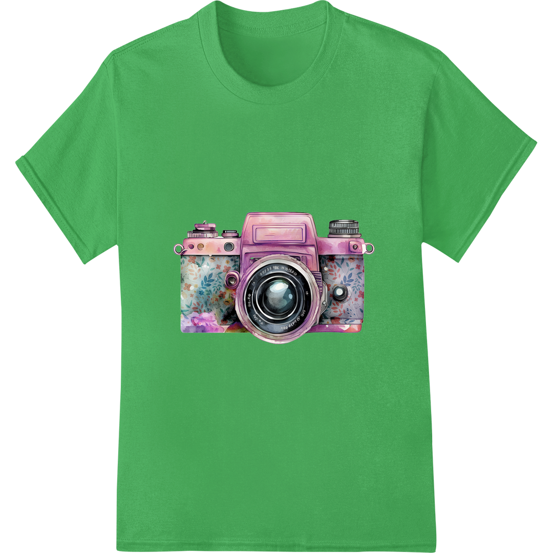 Vintage Watercolor Camera: Dreamy Abstract Photography on green shirt - SUPERDTF-DTF Prints-DTF Transfers-Custom DTF Prints