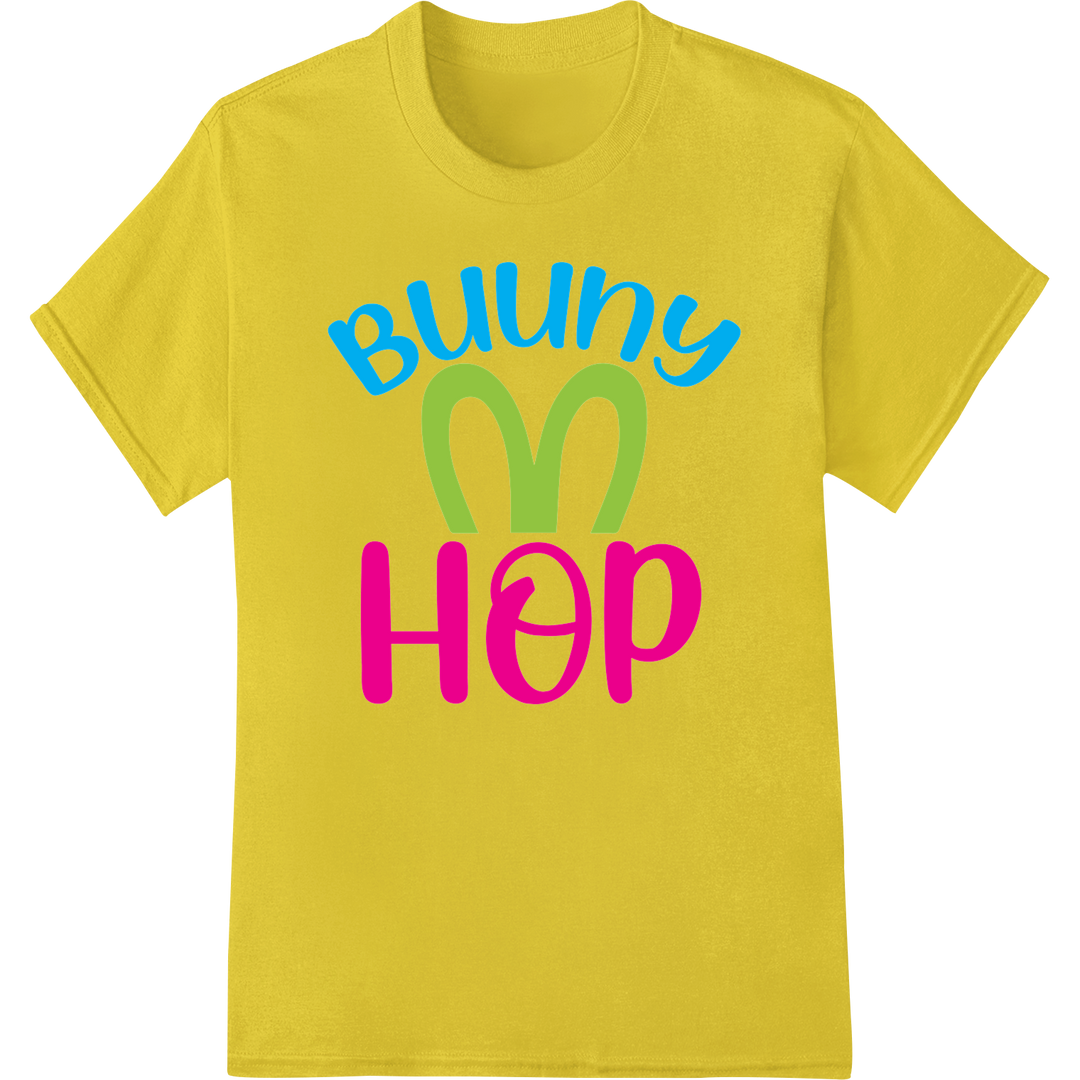 Playful 'Buuny Hop' Easter DTF Heat Transfer Print on yellow shirt - SUPERDTF-DTF Prints-DTF Transfers-Custom DTF Prints