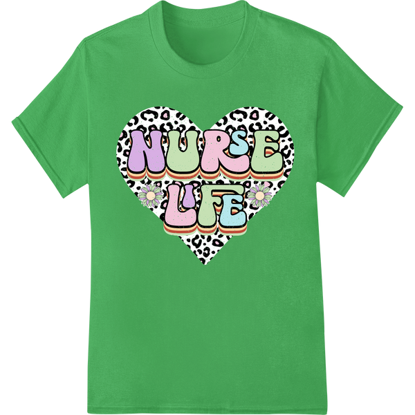 Vibrant Retro Nurse Life Leopard Heart DTF Print Transfer on green shirt - SUPERDTF-DTF Prints-DTF Transfers-Custom DTF Prints