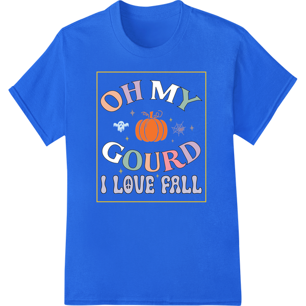 Orange pumpkin with green leaves and the quote 'OH MY GOURD I LOVE FALL' in a playful display font on a white background