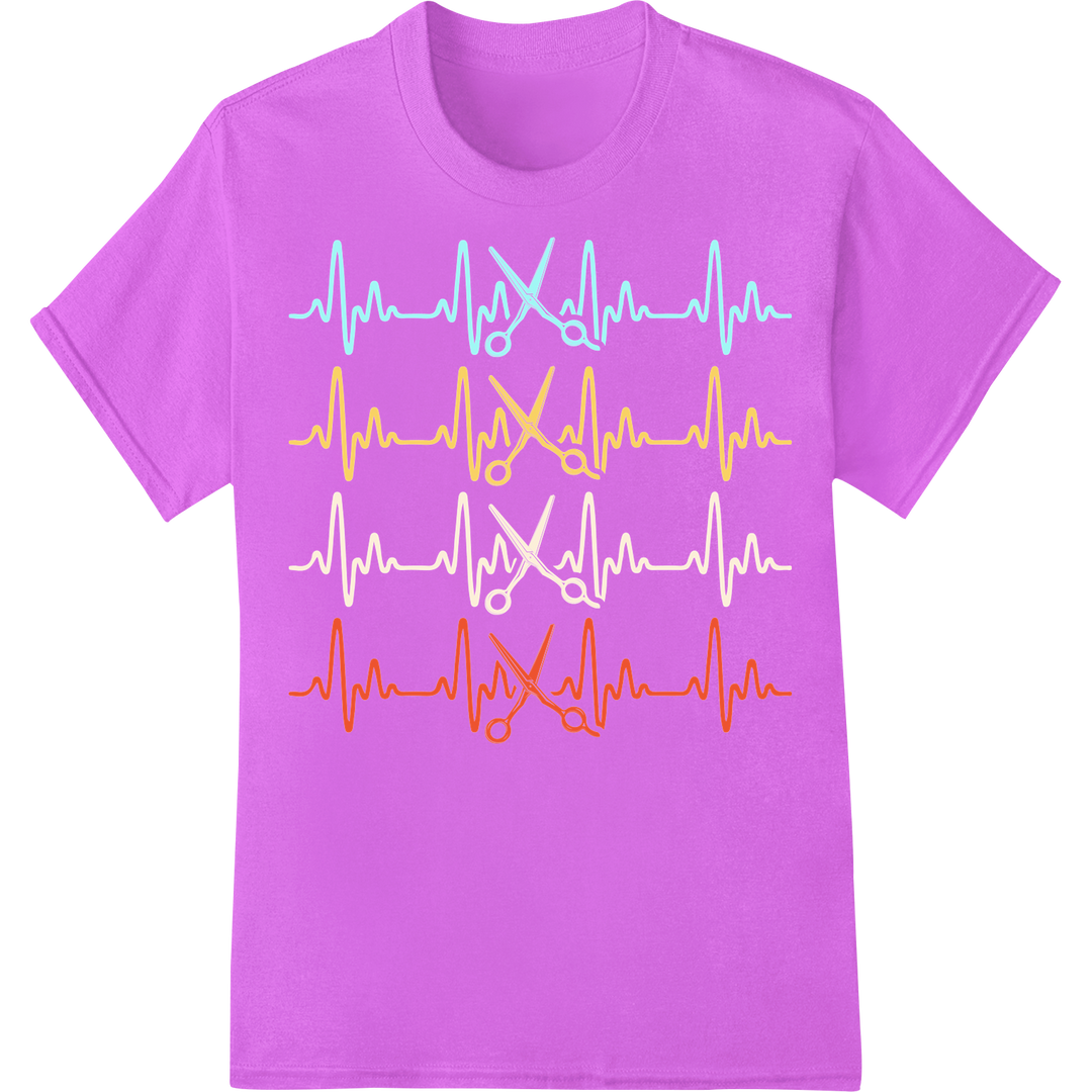 Vibrant Heartbeat Scissors DTF Print for Barber Enthusiasts on purple shirt - SUPERDTF-DTF Prints-DTF Transfers-Custom DTF Prints