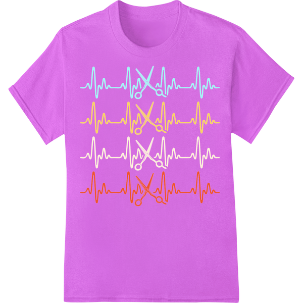 Vibrant Heartbeat Scissors DTF Print for Barber Enthusiasts on purple shirt - SUPERDTF-DTF Prints-DTF Transfers-Custom DTF Prints