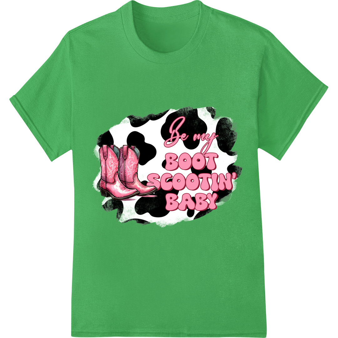 Vibrant Pink 'Boot Scootin' Baby' Western DTF Print Transfer on green shirt - SUPERDTF-DTF Prints-DTF Transfers-Custom DTF Prints