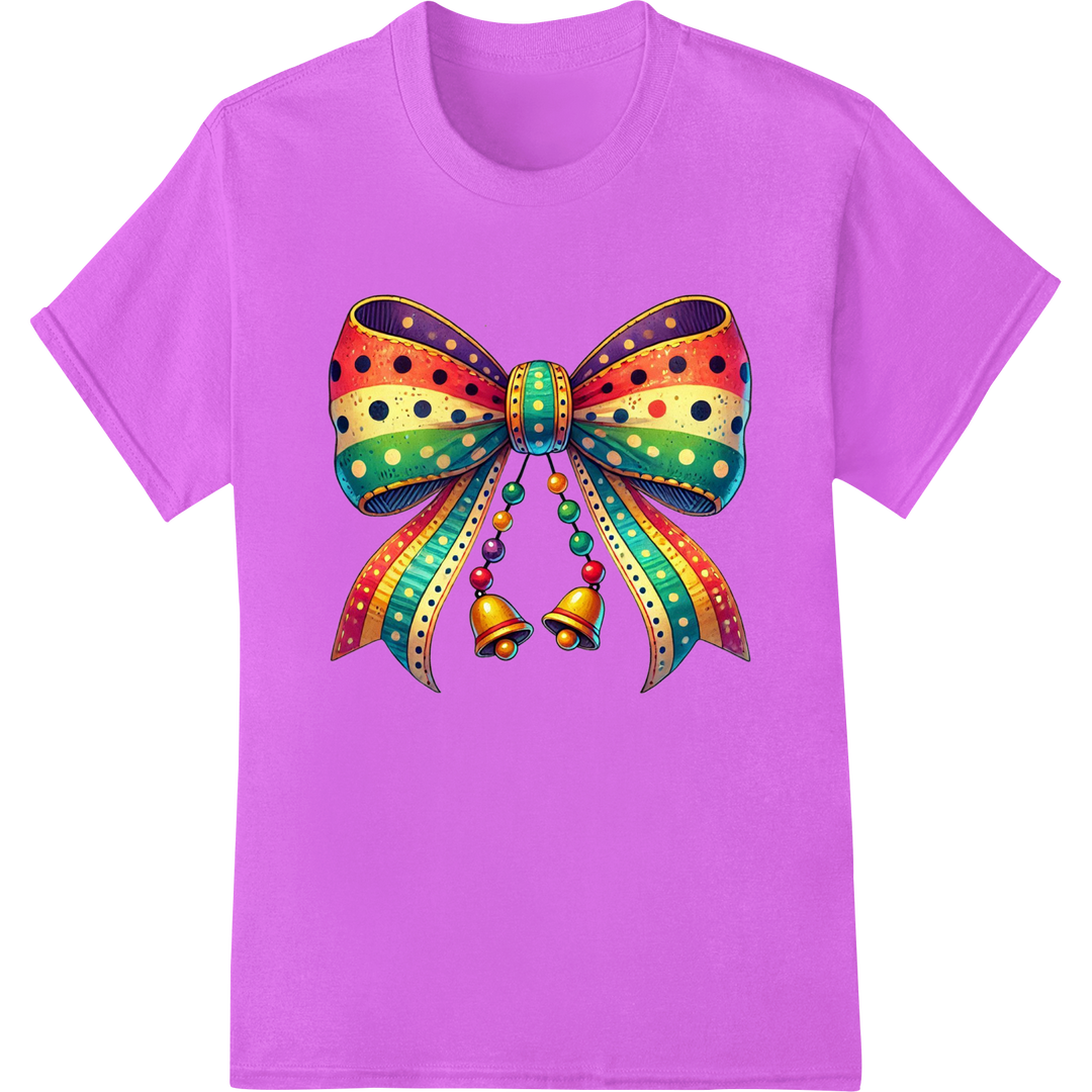 Vibrant Mardi Gras Bow | Festive DTF Print Heat Transfer on purple shirt - SUPERDTF-DTF Prints-DTF Transfers-Custom DTF Prints