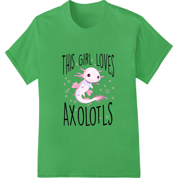 Adorable Pink Axolotl DTF Print for Animal Lovers on green shirt - SUPERDTF-DTF Prints-DTF Transfers-Custom DTF Prints