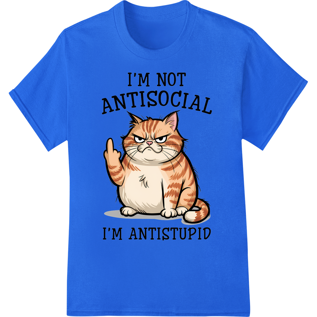 Witty Cat 'Antistupid' Sarcastic Humor DTF Print Transfer on blue shirt - SUPERDTF-DTF Prints-DTF Transfers-Custom DTF Prints