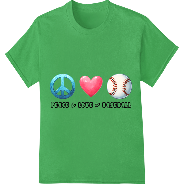 Peace, Love, Baseball: Trendy DTF Print for Sports Fans on green shirt - SUPERDTF-DTF Prints-DTF Transfers-Custom DTF Prints