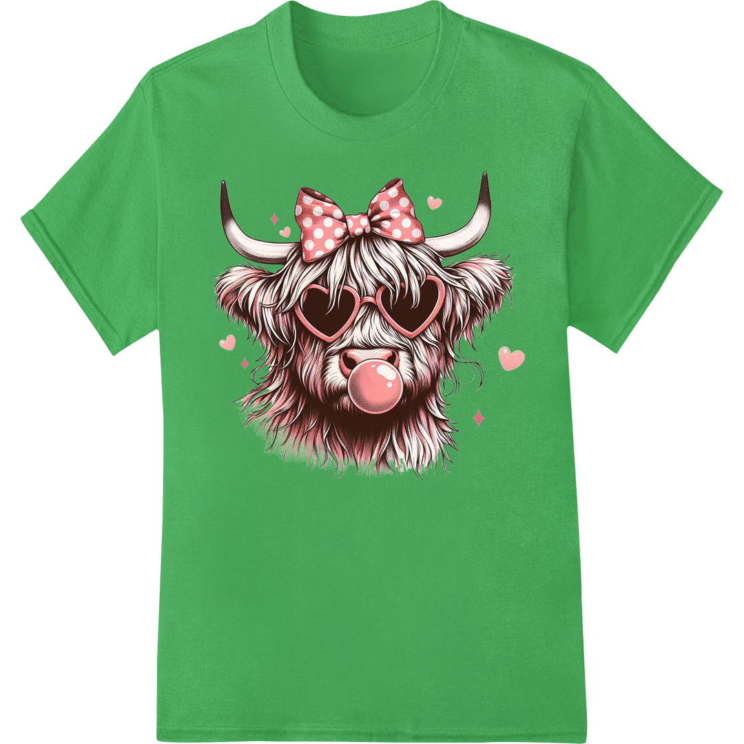 Adorable Highland Cow Valentine's Day DTF Print Transfer on green shirt - SUPERDTF-DTF Prints-DTF Transfers-Custom DTF Prints