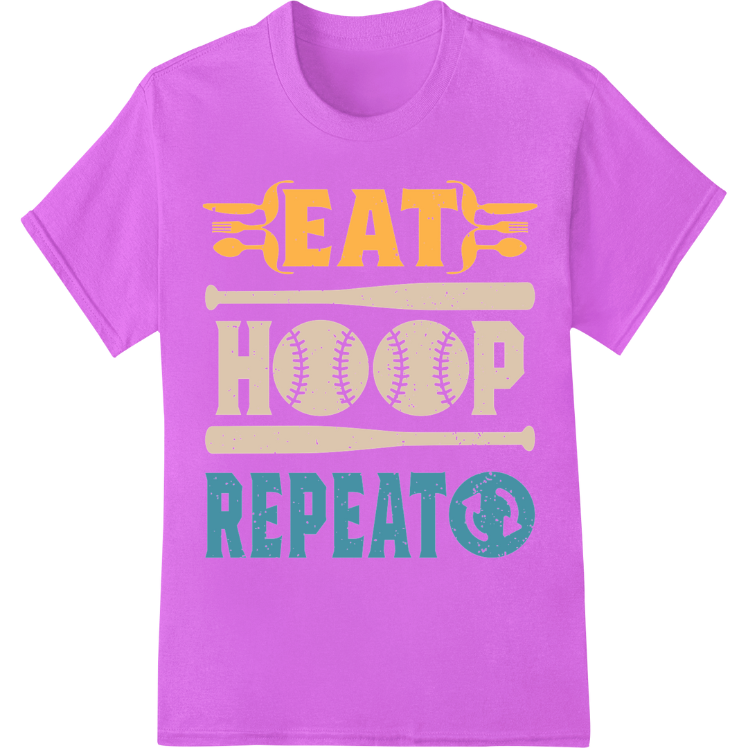 Vintage Eat Hoop Repeat Baseball DTF Heat Transfer Print on purple shirt - SUPERDTF-DTF Prints-DTF Transfers-Custom DTF Prints