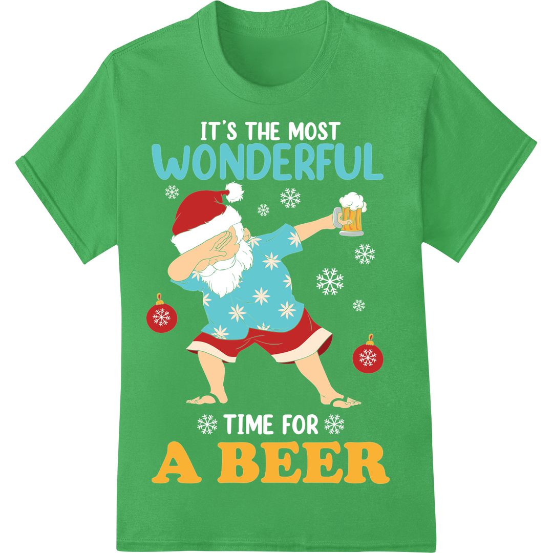 Cheers to Christmas with Santa's Favorite Beer DTF Print on green shirt - SUPERDTF-DTF Prints-DTF Transfers-Custom DTF Prints