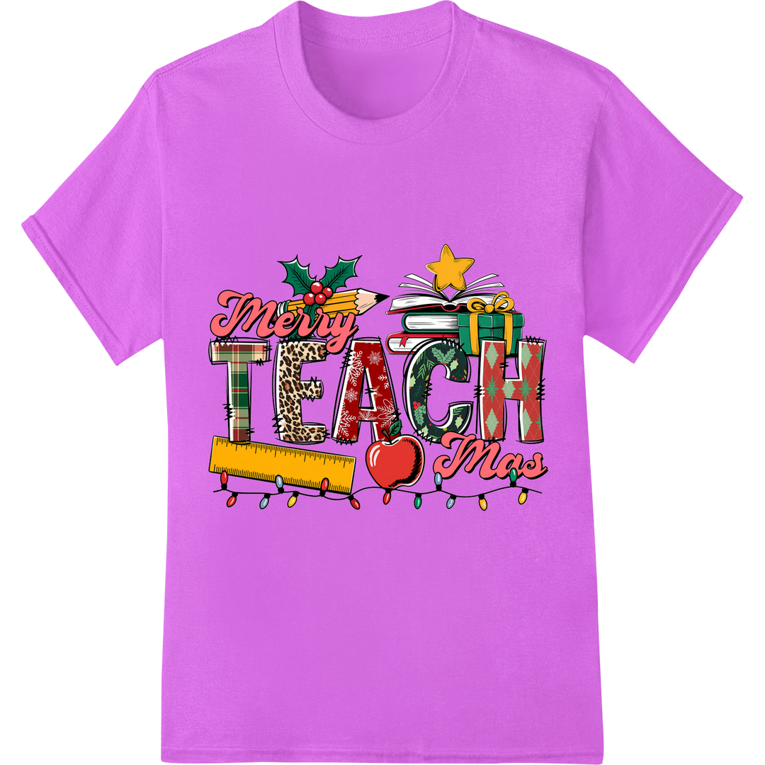 Festive 'Merry TEACHmas' DTF Print Heat Transfer | Teacher on purple shirt - SUPERDTF-DTF Prints-DTF Transfers-Custom DTF Prints