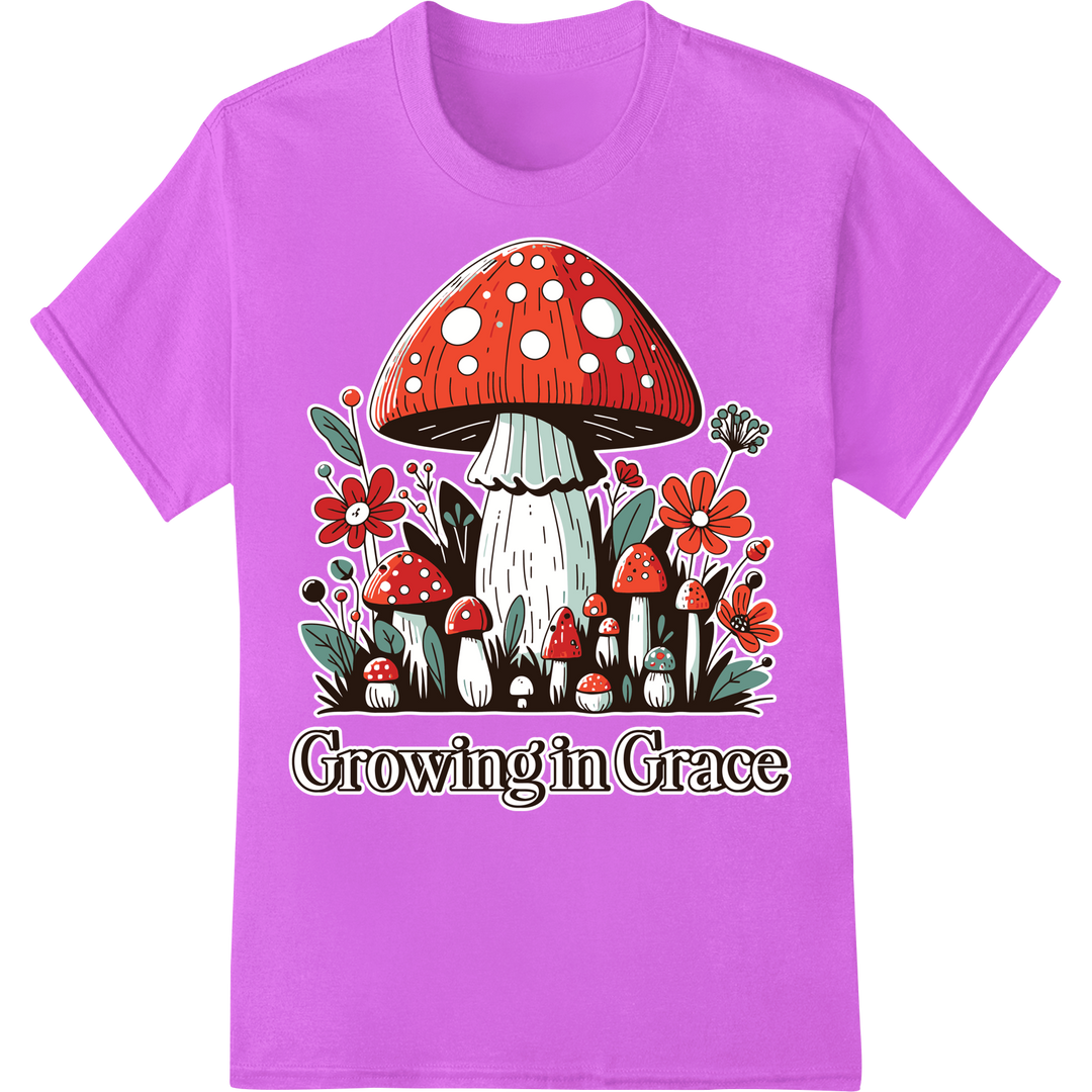 Growing in Grace: Whimsical Mushroom Faith DTF Print Transfer on purple shirt - SUPERDTF-DTF Prints-DTF Transfers-Custom DTF Prints