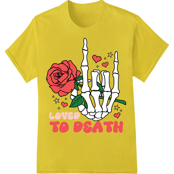 Love To Death: Edgy Valentine's Skeleton Hand DTF Print on yellow shirt - SUPERDTF-DTF Prints-DTF Transfers-Custom DTF Prints