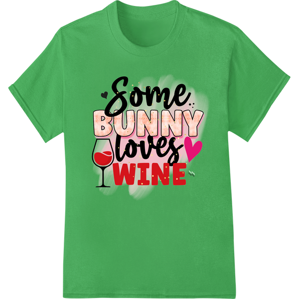 A playful illustration of a bunny holding a glass of red wine with the text 'Some Bunny Loves Wine' for Valentine's Day DTF...