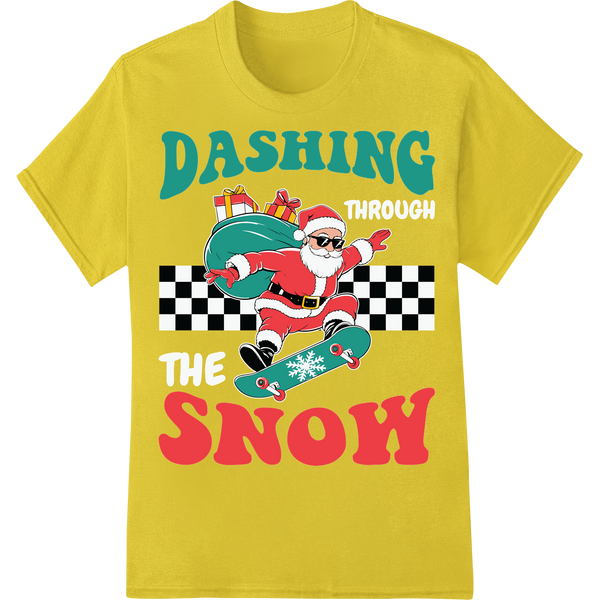 Skateboarding Santa 'DASHING SNOW' Funny Christmas DTF Print on yellow shirt - SUPERDTF-DTF Prints-DTF Transfers-Custom DTF Prints