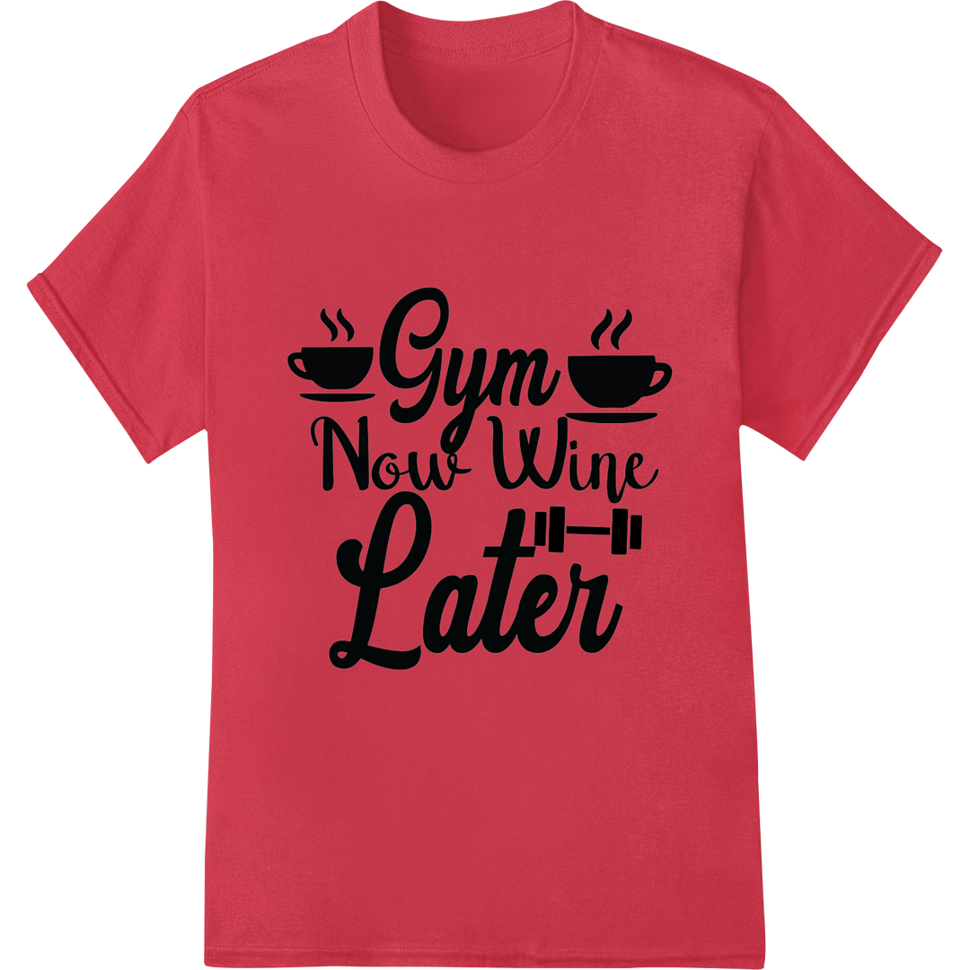 Witty 'Gym Now Wine Later' DTF Print Heat Transfer on red shirt - SUPERDTF-DTF Prints-DTF Transfers-Custom DTF Prints