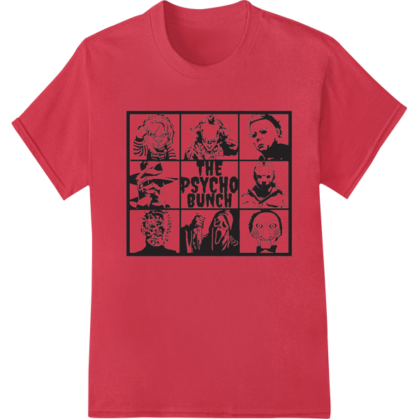 A mug shot style design of cartoon villains called 'The Psycho Bunch' for direct-to-film heat transfer printing